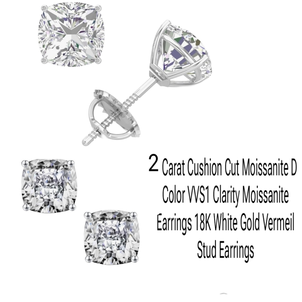 2ct Moissanite Earrings Rhodium White GP S925 Silver CUSHION CUT Stud Earrings